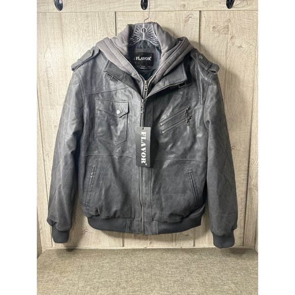Flavor Other - Mens Large Flavor Pigskin Leather Motorcycle Jacket Gray w/ Detachable Hood